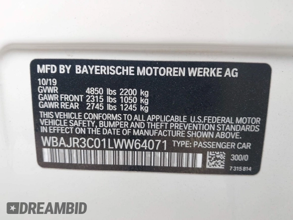 2020 BMW 5 Series 530i with VIN WBAJR3C01LWW64071, listed as a IAAI auction lot 40945230 with 91,982 mi miles and . Bid and sale history available at DreamBid. Image 9.