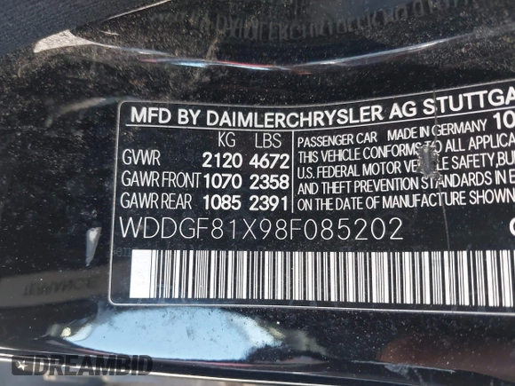 2008 Mercedes-Benz C 300 Sport with VIN WDDGF81X98F085202, listed as a IAAI auction lot 42334642 with 202,724 mi miles and . Bid and sale history available at DreamBid. Image 9.