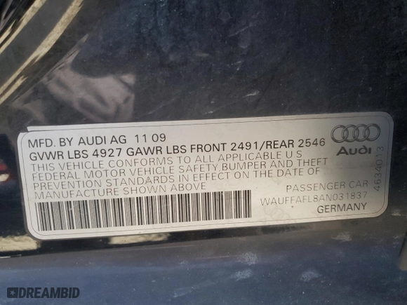 2010 Audi A4 2.0T Premium Plus with VIN WAUFFAFL8AN031837, listed as a Copart auction lot 71652184 with 116,120 mi miles and Clean Title. Bid and sale history available at carsss.com. Image 12.