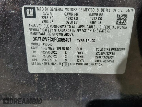2015 GMC Sierra 1500 SLT with VIN 3GTU2VEC0FG365407, listed as a Copart auction lot 49766005 with 189,496 mi miles and Salvage Title. Bid and sale history available at DreamBid. Image 14.