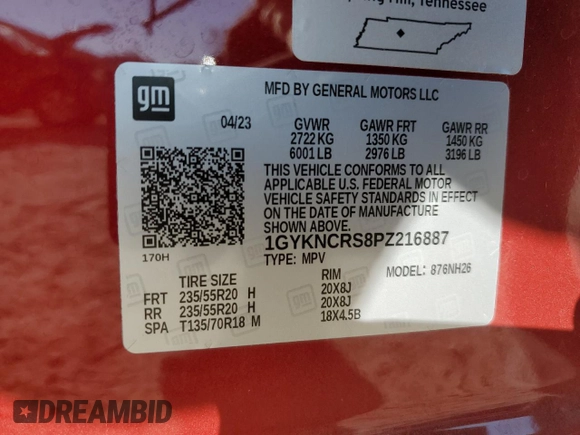 2023 Cadillac XT5 FWD Premium Luxury with VIN 1GYKNCRS8PZ216887, listed as a Copart auction lot 82563534 with 17,275 mi miles and Salvage Title. Bid and sale history available at carsss.com. Image 14.
