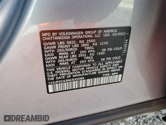 2022 Volkswagen Atlas SE with VIN 1V2JP2CA3NC532086, listed as a Copart auction lot 84679354 with 40,579 mi miles and Salvage title. Bid and sale history available at DreamBid. Image 13.