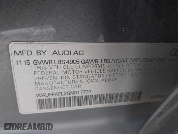 2016 Audi A4 Premium Plus with VIN WAUFFAFL2GN017733, listed as a IAAI auction lot 41589846 with 62,125 mi miles. Bid and sale history available at carsss.com. Image 9.