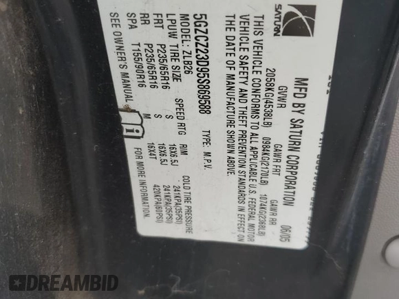 2005 Saturn VUE with VIN 5GZCZ23D95S869588, listed as a Copart auction lot 69532144 with 100,419 mi miles and Salvage Title. Bid and sale history available at DreamBid. Image 14.
