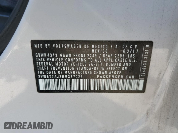 2017 Volkswagen Jetta GLI with VIN 3VW5T7AJ3HM337023, listed as a Copart auction lot 53444155 with 210,149 mi miles and Salvage title. Bid and sale history available at DreamBid. Image 12.