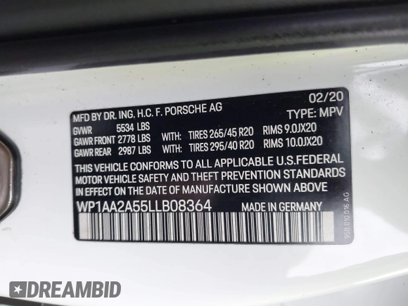 2020 Porsche Macan with VIN WP1AA2A55LLB08364, listed as a IAAI auction lot 41530527 with 91,238 mi miles and . Bid and sale history available at DreamBid. Image 9.