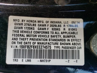 2014 Honda Civic Sedan EX with VIN 19XFB2F8XEE274575, listed as a Copart auction lot 72812584 with 151,172 mi miles and Salvage Title. Bid and sale history available at carsss.com. Image 13.