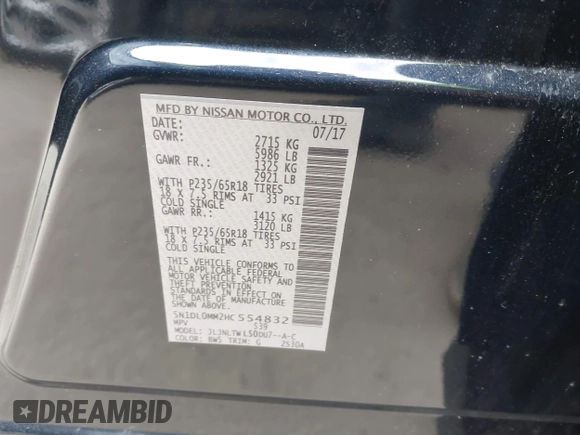 2017 Infiniti QX60 with VIN 5N1DL0MM2HC554832, listed as a IAAI auction lot 41664376 with 109,556 mi miles and . Bid and sale history available at DreamBid. Image 9.