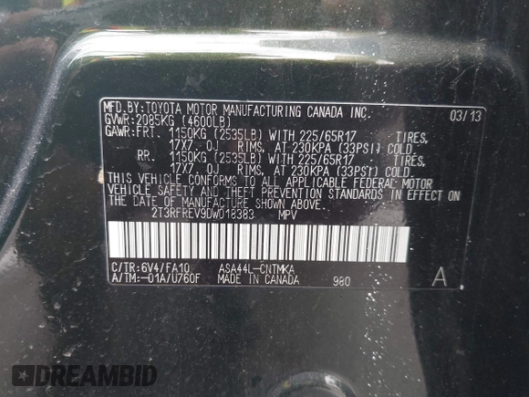 2013 Toyota RAV4 XLE with VIN 2T3RFREV9DW018383, listed as a IAAI auction lot 42655001 with 111,602 mi miles and . Bid and sale history available at DreamBid. Image 9.