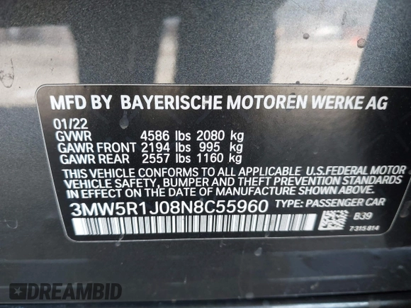 2022 BMW 3 Series 330i with VIN 3MW5R1J08N8C55960, listed as a IAAI auction lot 42505207 with Not provided miles and . Bid and sale history available at DreamBid. Image 9.