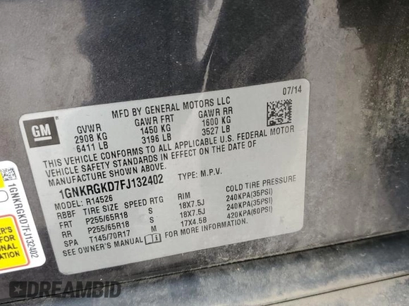 2015 Chevrolet Traverse LT with VIN 1GNKRGKD7FJ132402, listed as a Copart auction lot 79071294 with 120,316 mi miles and Salvage title. Bid and sale history available at DreamBid. Image 14.
