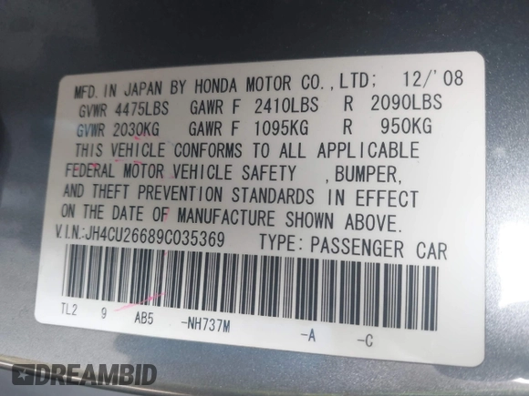 2009 Acura TSX with VIN JH4CU26689C035369, listed as a IAAI auction lot 39746793 with 194,320 mi miles and . Bid and sale history available at DreamBid. Image 9.