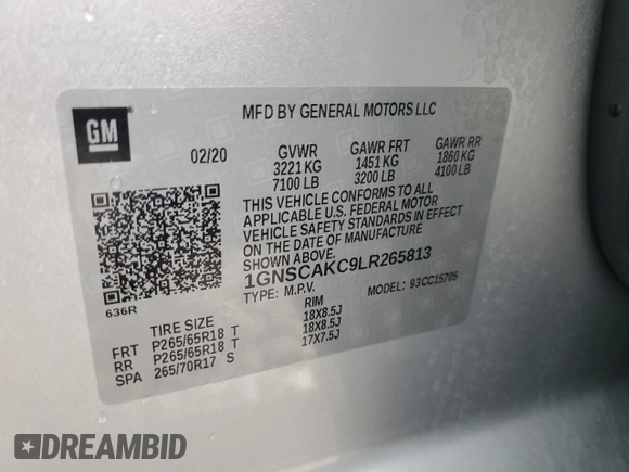 2020 Chevrolet Tahoe LS with VIN 1GNSCAKC9LR265813, listed as a Copart auction lot 84847724 with Not provided miles and Salvage title. Bid and sale history available at DreamBid. Image 14.