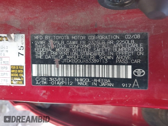 2008 Toyota Prius with VIN JTDKB20UX83389113, listed as a IAAI auction lot 42082343 with 252,640 mi miles. Bid and sale history available at carsss.com. Image 9.