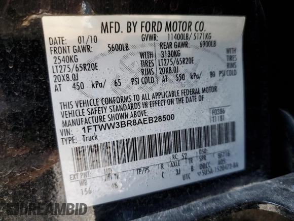 2010 Ford F-350 XL с VIN 1FTWW3BR8AEB28500, выставлен на аукционе Copart как лот 46048905 с пробегом 341 655 миль миль и Списание • Salvage title. История ставок и продаж доступна на DreamBid. Изображение 12.