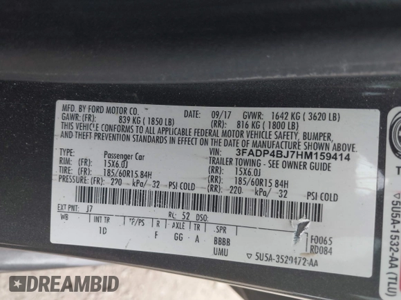 2017 Ford Fiesta SE with VIN 3FADP4BJ7HM159414, listed as a IAAI auction lot 41189078 with 88,708 mi miles. Bid and sale history available at carsss.com. Image 9.