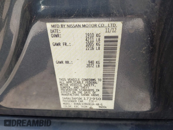 2013 Nissan Altima SV with VIN 1N4AL3AP5DC172950, listed as a IAAI auction lot 42574644 with 162,656 mi miles and . Bid and sale history available at DreamBid. Image 9.