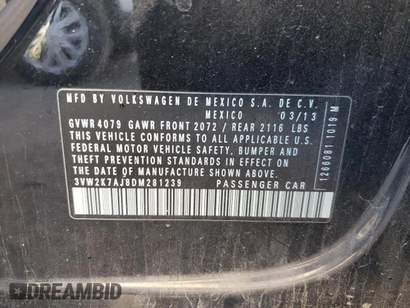 2013 Volkswagen Jetta S with VIN 3VW2K7AJ8DM281239, listed as a Copart auction lot 73395484 with 133,333 mi miles and Salvage title. Bid and sale history available at DreamBid. Image 13.