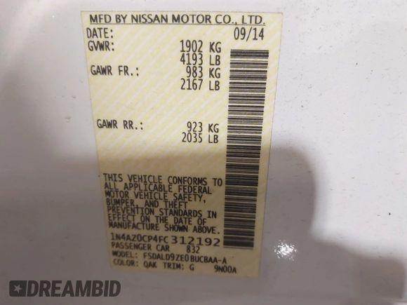 2015 Nissan LEAF SV with VIN 1N4AZ0CP4FC312192, listed as a IAAI auction lot 41557883 with 33,535 mi miles. Bid and sale history available at carsss.com. Image 9.