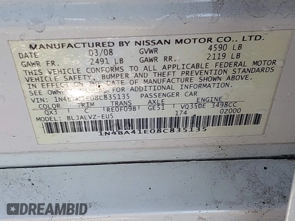 2008 Nissan Maxima 3.5 SL with VIN 1N4BA41E08C835135, listed as a IAAI auction lot 41441523 with 120,368 mi miles. Bid and sale history available at carsss.com. Image 9.