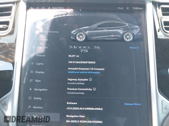 2016 Tesla Model S 70 with VIN 5YJSA1E16GF156312, listed as a IAAI auction lot 42469451 with 90,317 mi miles and . Bid and sale history available at DreamBid. Image 7.