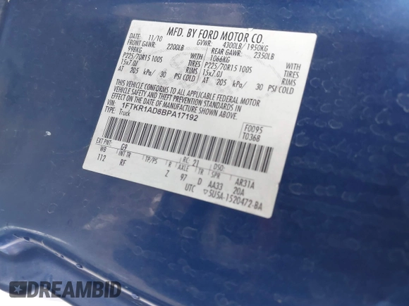2011 Ford Ranger XL with VIN 1FTKR1AD8BPA17192, listed as a IAAI auction lot 41416338 with 161,741 mi miles. Bid and sale history available at carsss.com. Image 9.
