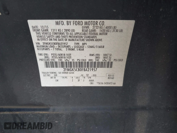 2015 Ford Flex SEL with VIN 2FMGK5C80FBA21957, listed as a IAAI auction lot 41845270 with 187,799 mi miles. Bid and sale history available at carsss.com. Image 9.
