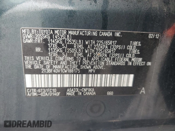 2012 Toyota RAV4 с VIN 2T3BF4DV1CW188175, выставлен на аукционе Copart как лот 61068025 с пробегом 155 273 миль миль и Списание • Salvage title. История ставок и продаж доступна на DreamBid. Изображение 13.
