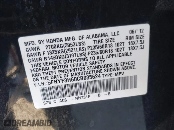 2012 Honda Pilot EX-L with VIN 5FNYF3H60CB035624, listed as a IAAI auction lot 41321568 with 309,545 mi miles and . Bid and sale history available at DreamBid. Image 9.