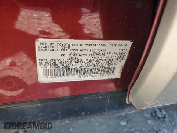 2000 Toyota RAV4 with VIN JT3HP10V7Y0242445, listed as a Copart auction lot 58788905 with Not provided miles and Clean title. Bid and sale history available at DreamBid. Image 13.
