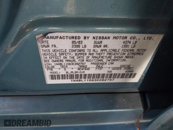 2003 Nissan Altima SE z VIN 1N4BL11D63C282757, wystawiony jako IAAI lot #41859329 z przebiegiem 218 391 mil mil oraz . Historia ofert i sprzedaży dostępna na DreamBid. Obrazek 9.