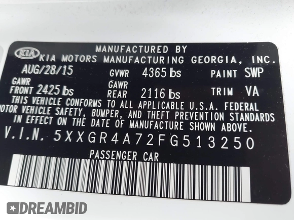 2015 Kia Optima SX with VIN 5XXGR4A72FG513250, listed as a IAAI auction lot 42418208 with 89,969 mi miles and . Bid and sale history available at DreamBid. Image 9.