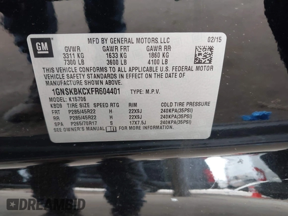 2015 Chevrolet Tahoe LT with VIN 1GNSKBKCXFR604401, listed as a IAAI auction lot 42048559 with 60,768 mi miles and . Bid and sale history available at DreamBid. Image 9.