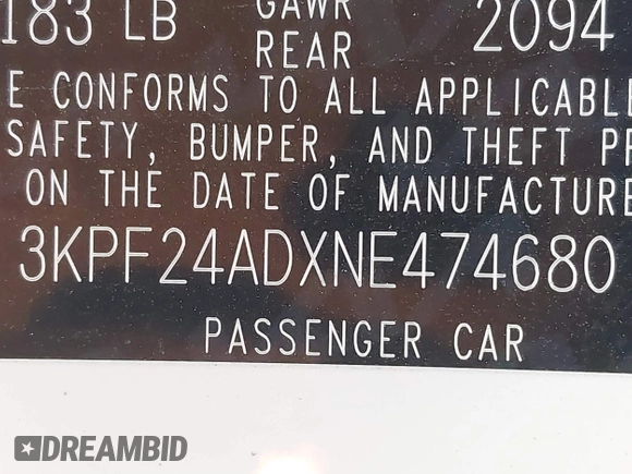 2022 Kia Forte LXS with VIN 3KPF24ADXNE474680, listed as a IAAI auction lot 41406334 with 61,930 mi miles and . Bid and sale history available at DreamBid. Image 9.