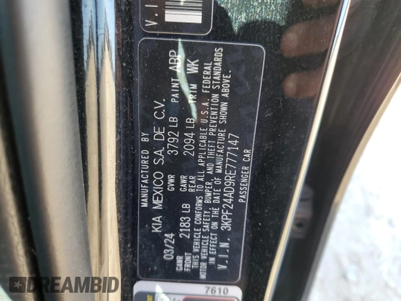 2024 Kia Forte LXS with VIN 3KPF24AD9RE777147, listed as a Copart auction lot 48342685 with 26,235 mi miles and Salvage Title. Bid and sale history available at carsss.com. Image 14.