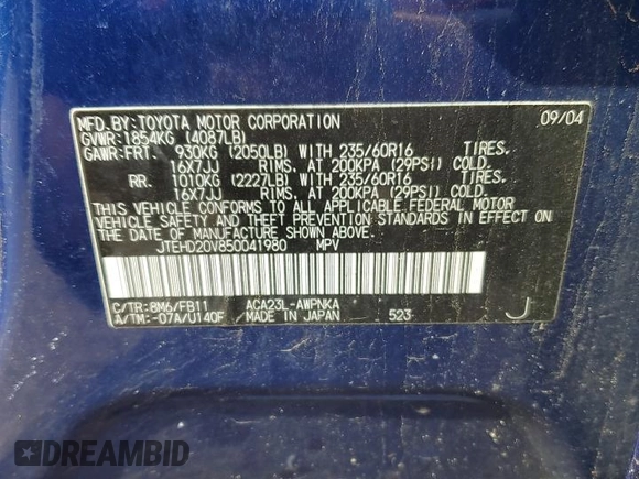2005 Toyota RAV4 with VIN JTEHD20V850041980, listed as a Copart auction lot 48767745 with 206,741 mi miles and Salvage Title. Bid and sale history available at carsss.com. Image 13.