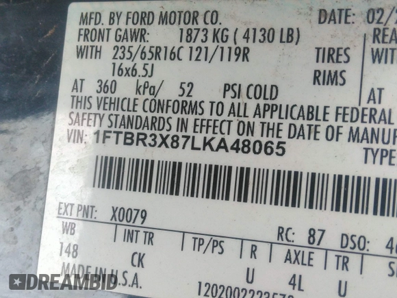 2020 Ford Transit Cargo with VIN 1FTBR3X87LKA48065, listed as a IAAI auction lot 41780797 with 82,385 mi miles. Bid and sale history available at carsss.com. Image 9.