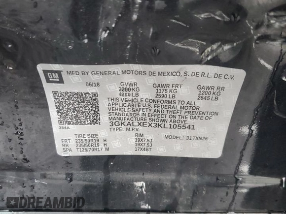 2019 GMC Terrain Denali with VIN 3GKALXEX3KL105541, listed as a Copart auction lot 59677945 with 44,870 mi miles and Salvage title. Bid and sale history available at DreamBid. Image 14.