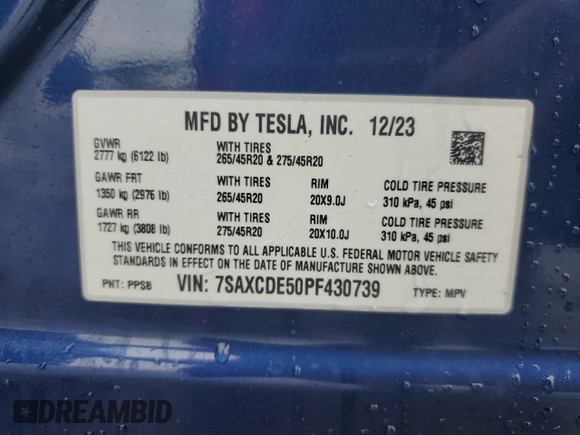2023 Tesla Model X with VIN 7SAXCDE50PF430739, listed as a Copart auction lot 43069745 with 13,942 mi miles and Salvage Title. Bid and sale history available at DreamBid. Image 13.