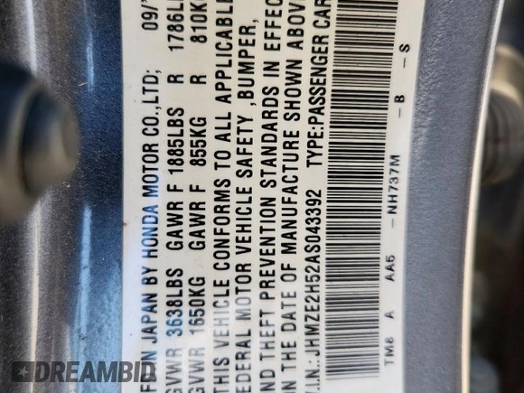 2010 Honda Insight LX with VIN JHMZE2H52AS043392, listed as a Copart auction lot 61347625 with 194,248 mi miles and Salvage title. Bid and sale history available at DreamBid. Image 13.
