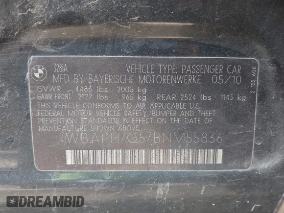 2011 BMW 3 Series 328i with VIN WBAPH7G57BNM55836, listed as a IAAI auction lot 42405211 with 143,270 mi miles and . Bid and sale history available at DreamBid. Image 9.