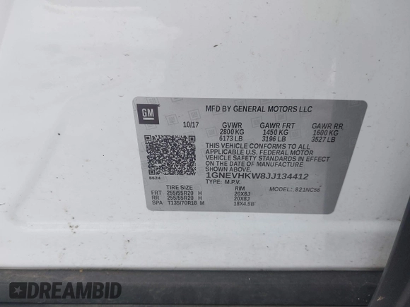 2018 Chevrolet Traverse LT Leather with VIN 1GNEVHKW8JJ134412, listed as a IAAI auction lot 41268358 with 62,616 mi miles. Bid and sale history available at carsss.com. Image 9.