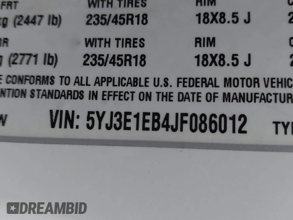 2018 Tesla Model 3 Long Range Battery with VIN 5YJ3E1EB4JF086012, listed as a IAAI auction lot 41683859 with 52,059 mi miles and . Bid and sale history available at DreamBid. Image 9.