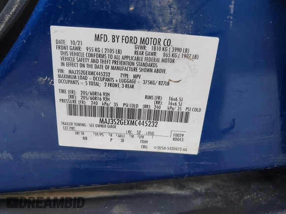 2021 Ford EcoSport SE with VIN MAJ3S2GEXMC445232, listed as a IAAI auction lot 42484930 with 28,829 mi miles and . Bid and sale history available at DreamBid. Image 9.