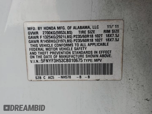 2012 Honda Pilot EX-L with VIN 5FNYF3H53CB010675, listed as a Copart auction lot 47959905 with 180,291 mi miles and Salvage Title. Bid and sale history available at DreamBid. Image 13.