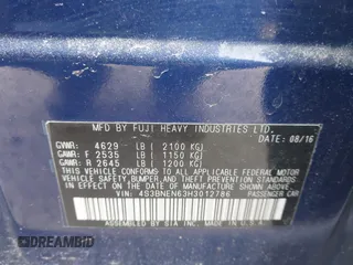 2017 Subaru Legacy Limited with VIN 4S3BNEN63H3012786, listed as a IAAI auction lot 41422437 with 1 mi miles. Bid and sale history available at carsss.com. Image 9.