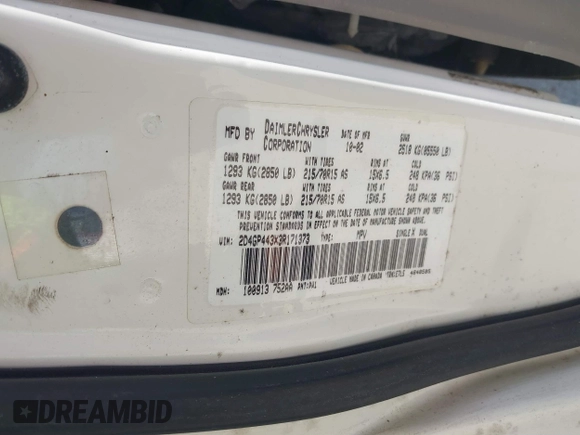 2003 Dodge Grand Caravan with VIN 2D4GP443X3R171373, listed as a IAAI auction lot 41645178 with 163,358 mi miles and . Bid and sale history available at DreamBid. Image 9.