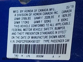 2019 Honda Civic Sedan LX with VIN 2HGFC2F65KH561027, listed as a IAAI auction lot 41800219 with 41,296 mi miles. Bid and sale history available at carsss.com. Image 9.