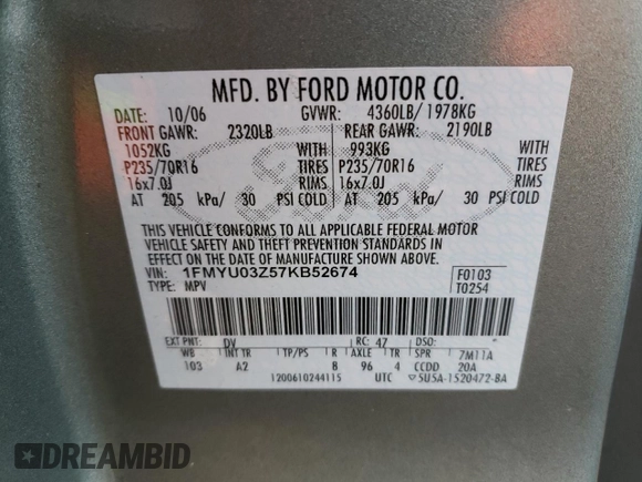2007 Ford Escape XLT with VIN 1FMYU03Z57KB52674, listed as a Copart auction lot 86279364 with 190,802 mi miles and Salvage Title. Bid and sale history available at carsss.com. Image 13.