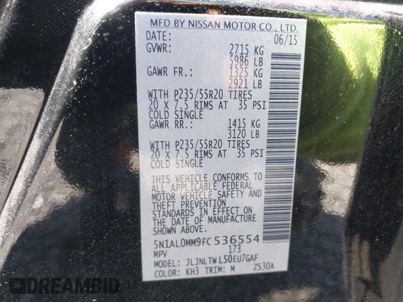 2015 Infiniti QX60 with VIN 5N1AL0MM9FC536554, listed as a IAAI auction lot 41984292 with 160,808 mi miles and . Bid and sale history available at DreamBid. Image 9.